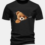 Regular Fit Zipper Bear Print Cotton T-Shirt