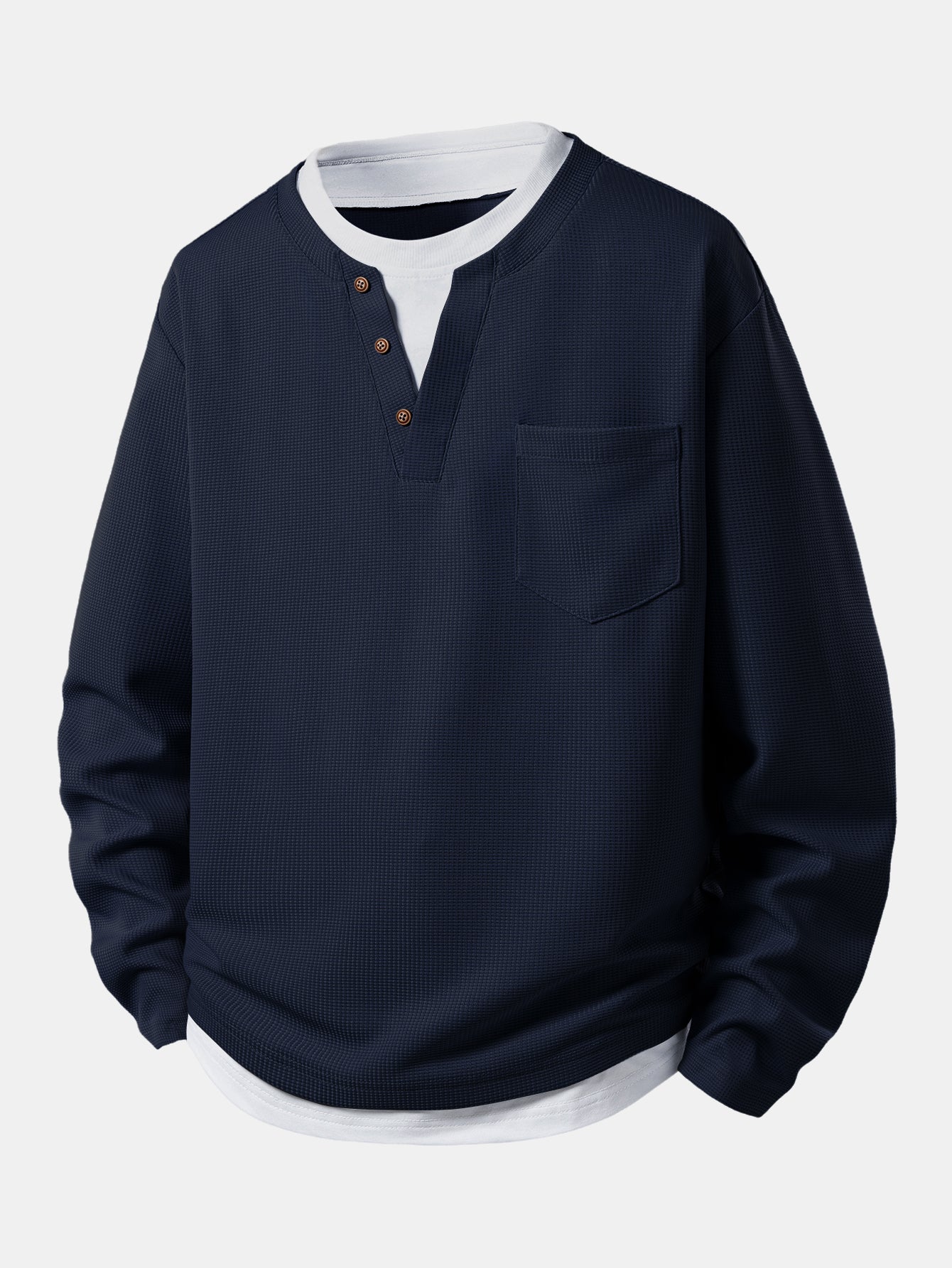 1_GjR12s-1.jpg 2 In 1 Button V-Neck Waffle T-Shirt With Pocket - Image 1