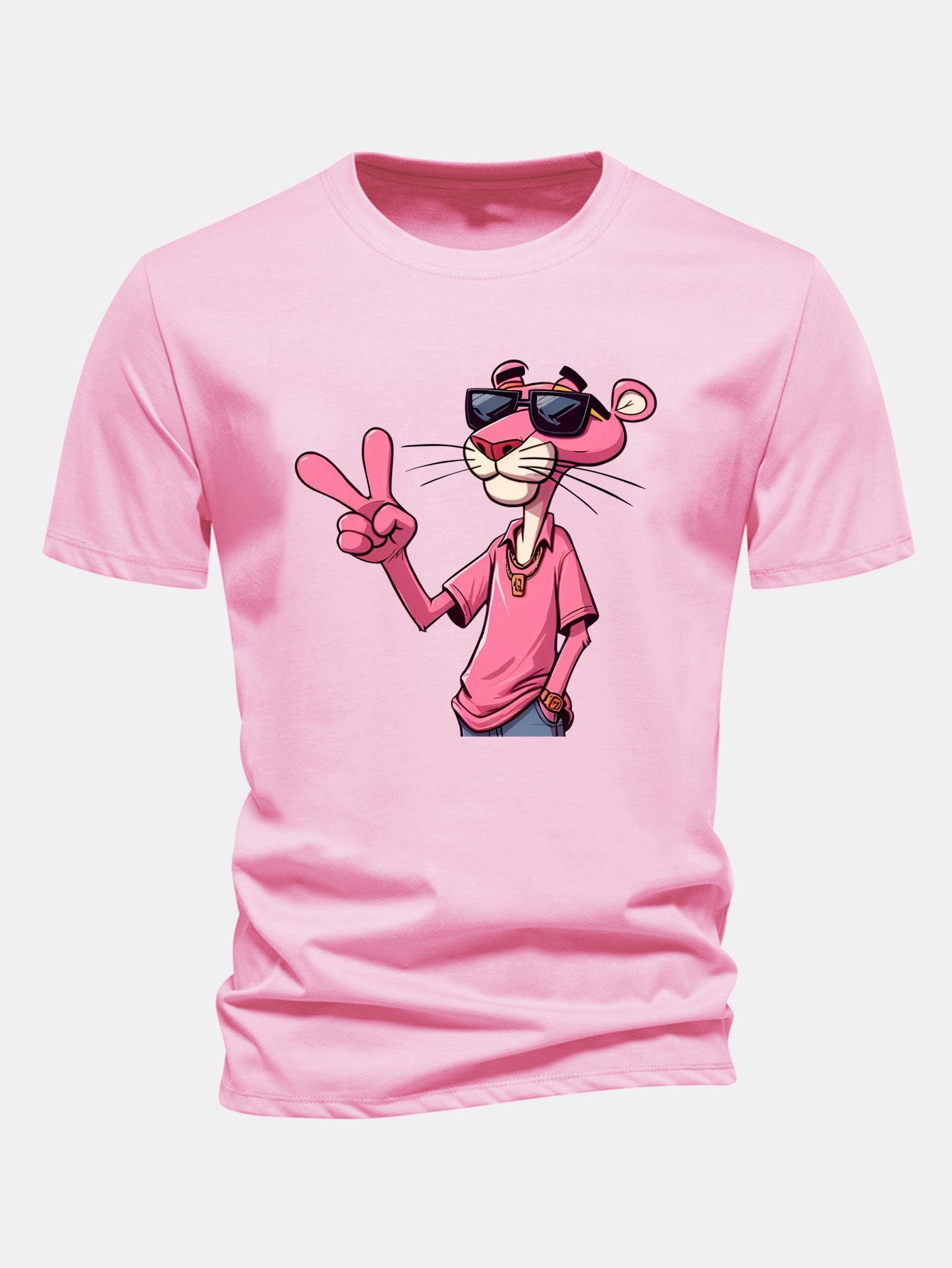 3_TAKU3J-1.jpg Regular Fit Pink Panther With V Sign Print Cotton T-Shirt - Image 1