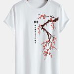 Tokyo Japanese Cherry Blossoms Print Cotton Arc Hem T-Shirt