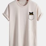 Regular Fit Pocket Black Cat Print Cotton T-Shirt